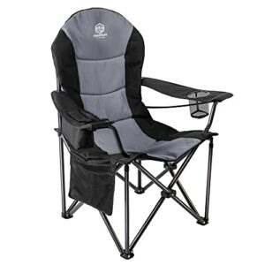 coastrail outdoor camping chair oversized padded folding quad arm chairs with lumbar back support, cooler bag, cup holder & side pocket, extra head pocket, supports 400 lbs,black