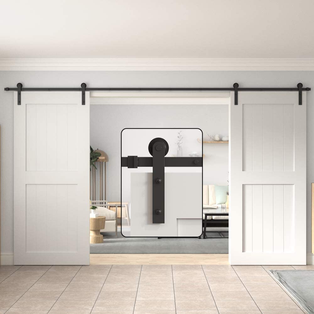 WINSOON Sliding Barn Door Hardware Double Door 12ft Track Kit with Black Sliding Barn Door Floor Guide Wall Mounted Hardware for Flush Bottom Adjustable Stay Rollers, Set of 2,8 Setup Options