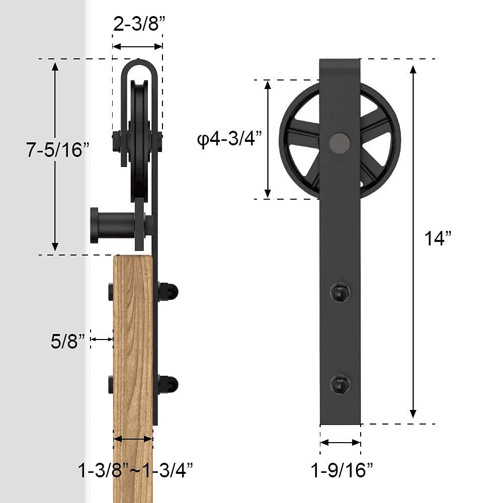 WINSOON 10FT Wood Double Sliding Barn Door Hardware Basic Black Big Spoke Wheel Roller Kit with 2PCS 12 Inch Sliding Barn Door Handles Black Hardware with Pull and Flush Barn Door Handle Set