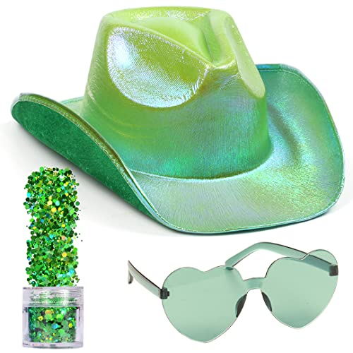 Funcredible Green Cowboy Hat and Glasses - Green Sparkly Holographic Cowboy Hat for Women - Cowgirl Costume Accessories - Space Cowgirl Costume