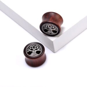 POBAISITER 2PCS Organic Red Sandalwood Hollow Double Flared Ear Gauges Tunnels Expander Tree Of Life Jewelry For Man For Woman Body Piercing Jewelry 0g-1 inch