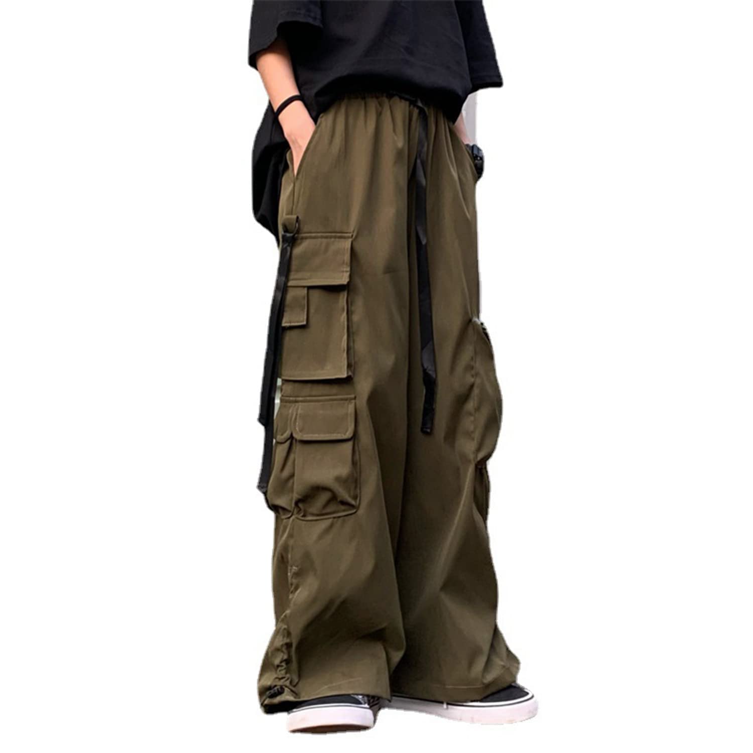 Women Joggers Goth Y2K Baggy Loose Pants Outdoor Cargo Pants Punk Streetwear (Army Green,L)