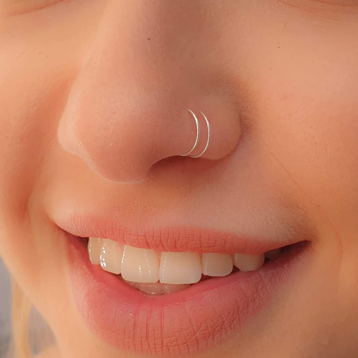 Tiny Silver Double Hoop Nose Ring - Spiral Nose Ring 20 Gauge Snug Double Nose Piercing Thin Nose Piercings Hoops