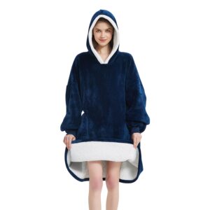 Qeils Oversized Wearable Blanket Hoodie | Hooded Blanket Sweatshirt with Deep Pockets, Cozy Warm Fleece Sherpa Blanket,Gifts for Adults Mom Wife Girlfriend Men (Navy, Adult)