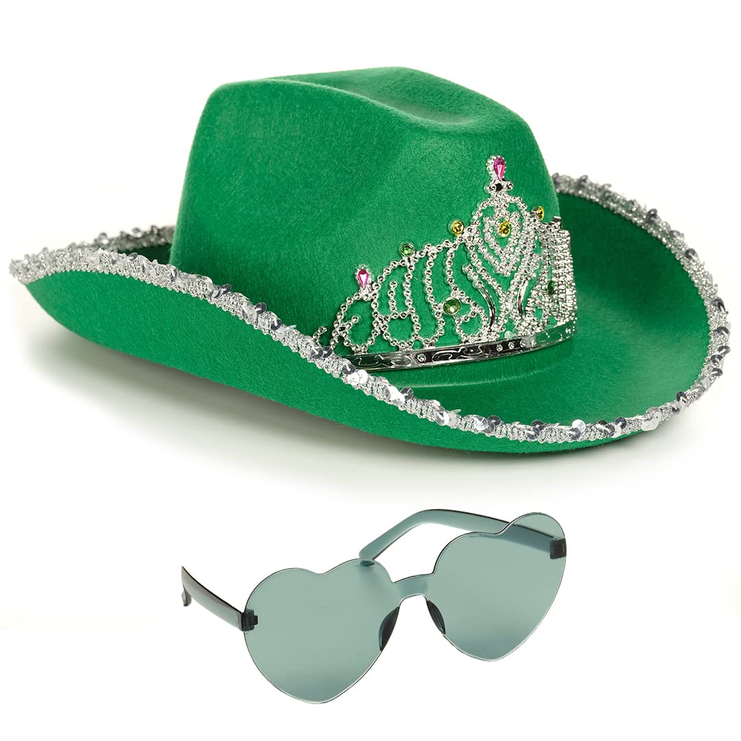 Funcredible Green Cowboy Hat and Glasses - Preppy Cowgirl Hat with Tiara - Sparkly Cowboy Hat - Cowgirl Outfit Accessories for Women and Girls