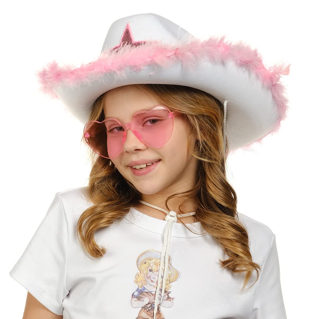 Funcredible White Cowboy Hat and Glasses - Fluffy Cowgirl Hat with Star for Girls - Cowboy Hat with Feathers - Cowgirl Accessories - Halloween Accessories for Women