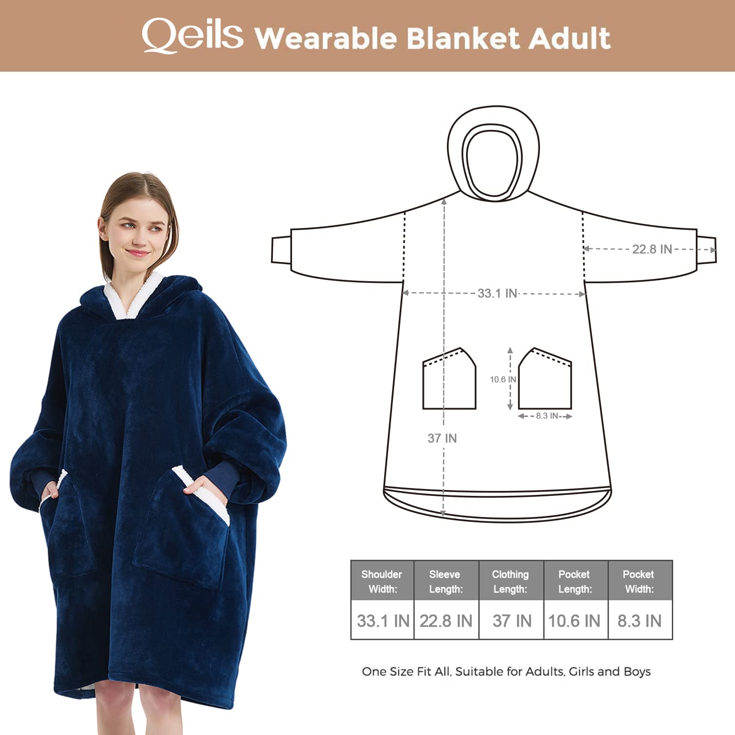 Qeils Oversized Wearable Blanket Hoodie | Hooded Blanket Sweatshirt with Deep Pockets, Cozy Warm Fleece Sherpa Blanket,Gifts for Adults Mom Wife Girlfriend Men (Navy, Adult)