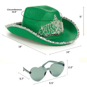 Funcredible Green Cowboy Hat and Glasses - Preppy Cowgirl Hat with Tiara - Sparkly Cowboy Hat - Cowgirl Outfit Accessories for Women and Girls