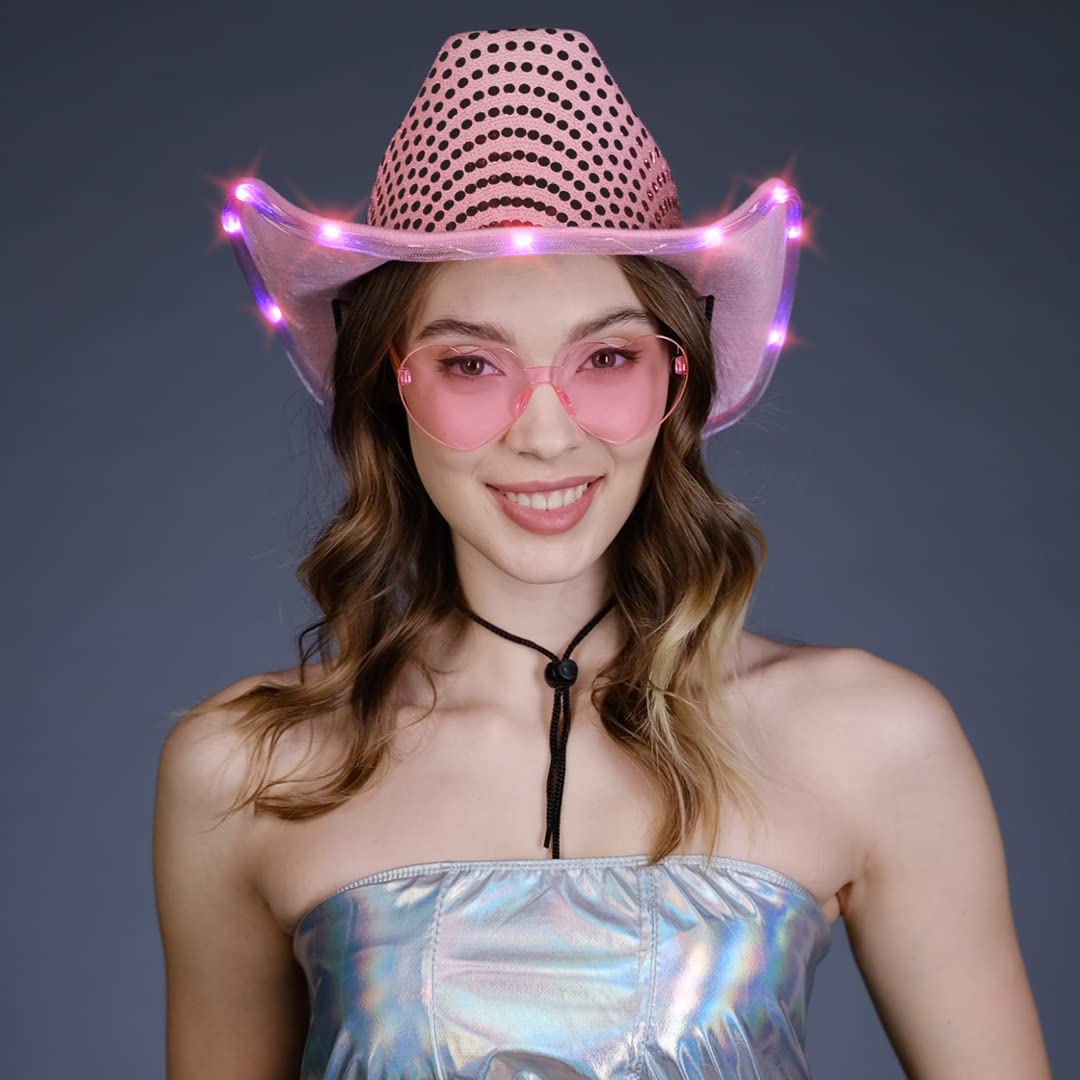 Funcredible Pink Light Up Cowboy Hat and Glasses - Sparkly Disco Cowgirl Hat - Sequin Cowboy Hat for Women - Cowgirl Costumes for Girls