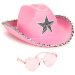 funcredible pink cowboy hat and glasses - preppy cowgirl hat with star - sparkly cowboy hat - cowgirl outfit accessories for women and girls