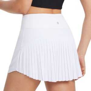 BALEAF Women's Pleated Tennis Skirts High Waisted Lightweight Athletic Golf Skorts Skirts with Shorts Pockets White Medium