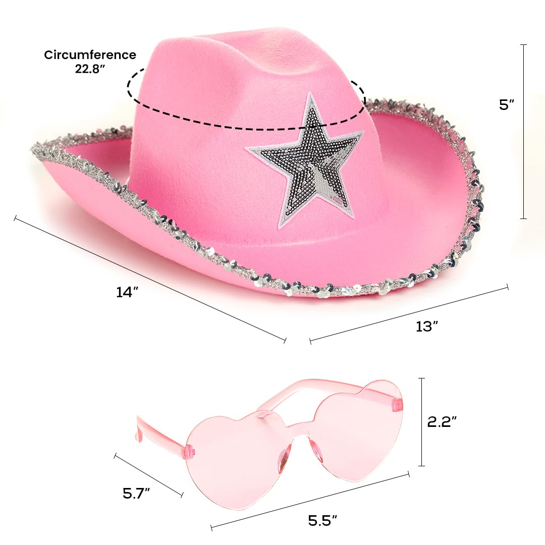 Funcredible Pink Cowboy Hat and Glasses - Preppy Cowgirl Hat with Star - Sparkly Cowboy Hat - Cowgirl Outfit Accessories for Women and Girls