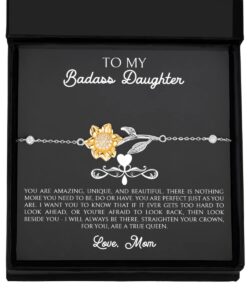 proud gifts badass daughter bracelet from mom, to my badass daughter bracelet, you are amazing, birthday daughter 925 sterling silver bracelet with 14k gold sunflower charm from mother