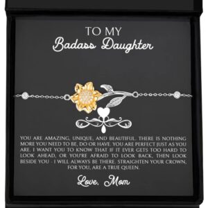 Proud Gifts Badass Daughter Bracelet From Mom, To My Badass Daughter Bracelet, You are Amazing, Birthday Daughter 925 Sterling Silver Bracelet with 14k Gold Sunflower Charm From Mother