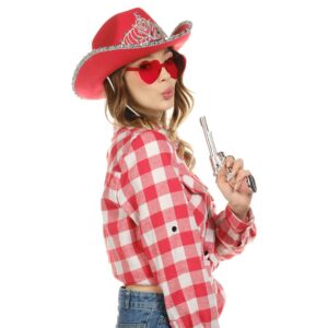 Funcredible Red Cowboy Hat and Glasses - Preppy Cowgirl Hat with Tiara - Sparkly Cowboy Hat - Cowgirl Outfit Accessories for Women and Girls