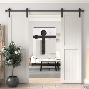 WINSOON Sliding Barn Door Hardware Double Door 10ft Track Kit with Black Sliding Barn Door Floor Guide Wall Mounted Hardware for Flush Bottom Adjustable Stay Rollers, Set of 2,8 Setup Options