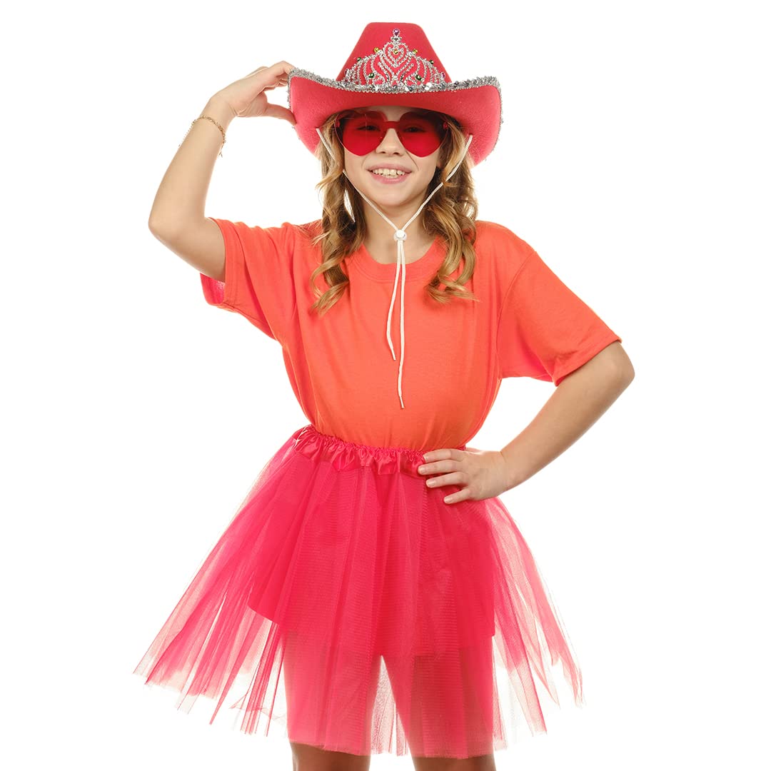 Funcredible Red Cowboy Hat and Glasses - Preppy Cowgirl Hat with Tiara - Sparkly Cowboy Hat - Cowgirl Outfit Accessories for Women and Girls