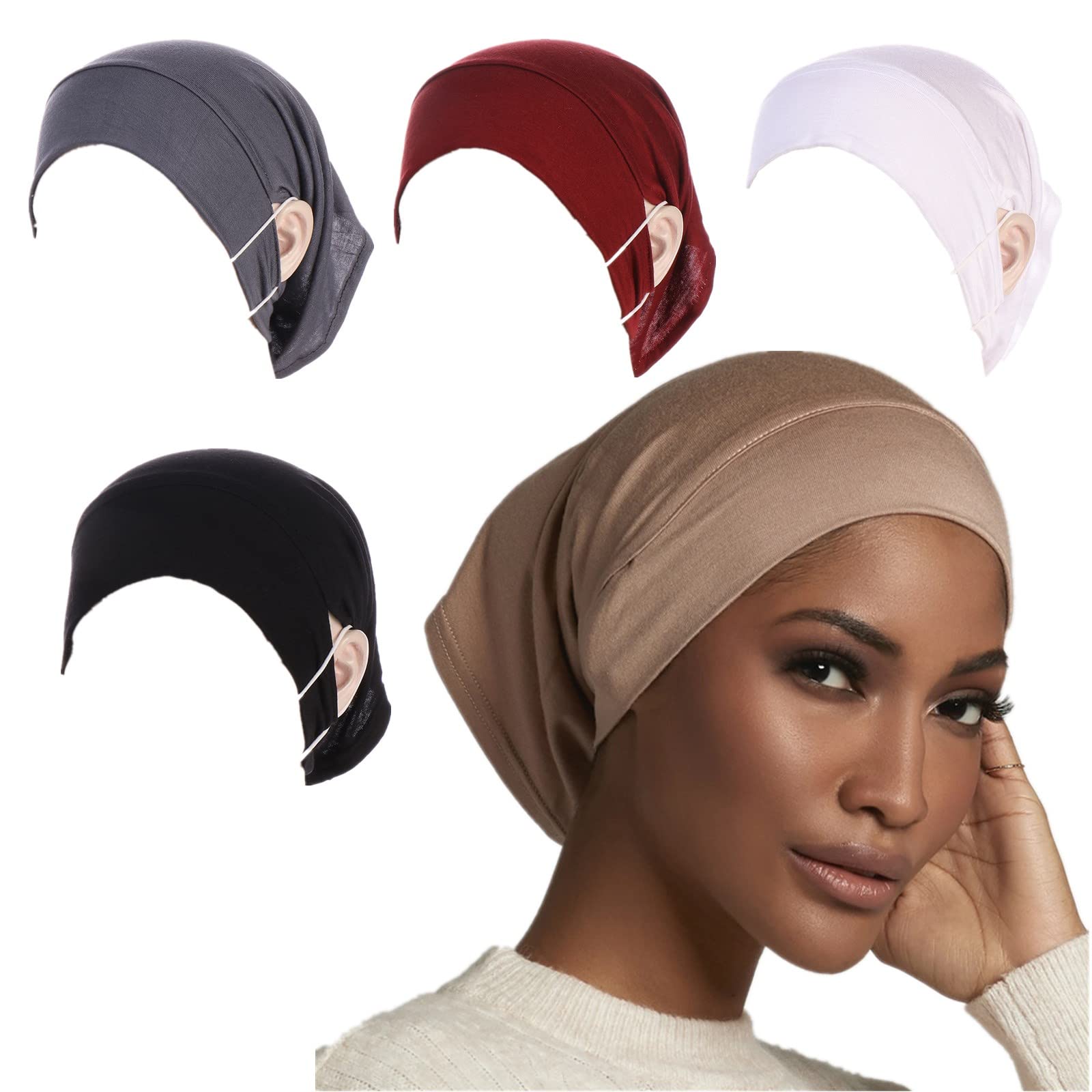 Cntqiang 4 Pieces Muslim Hijab Undercap with Ear Hole Underscarf Inner Cap Jersey Hijabs Tube Bonnet Caps Turban Black