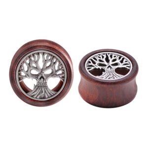 pobaisiter 2pcs organic red sandalwood hollow double flared ear gauges tunnels expander tree of life jewelry for man for woman body piercing jewelry 0g-1 inch