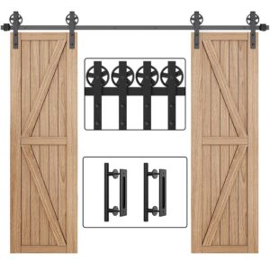 winsoon 10ft wood double sliding barn door hardware basic black big spoke wheel roller kit with 2pcs 12 inch sliding barn door handles black hardware with pull and flush barn door handle set