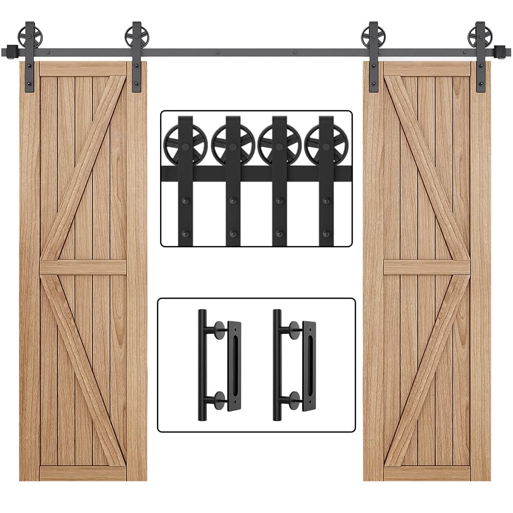 WINSOON 10FT Wood Double Sliding Barn Door Hardware Basic Black Big Spoke Wheel Roller Kit with 2PCS 12 Inch Sliding Barn Door Handles Black Hardware with Pull and Flush Barn Door Handle Set