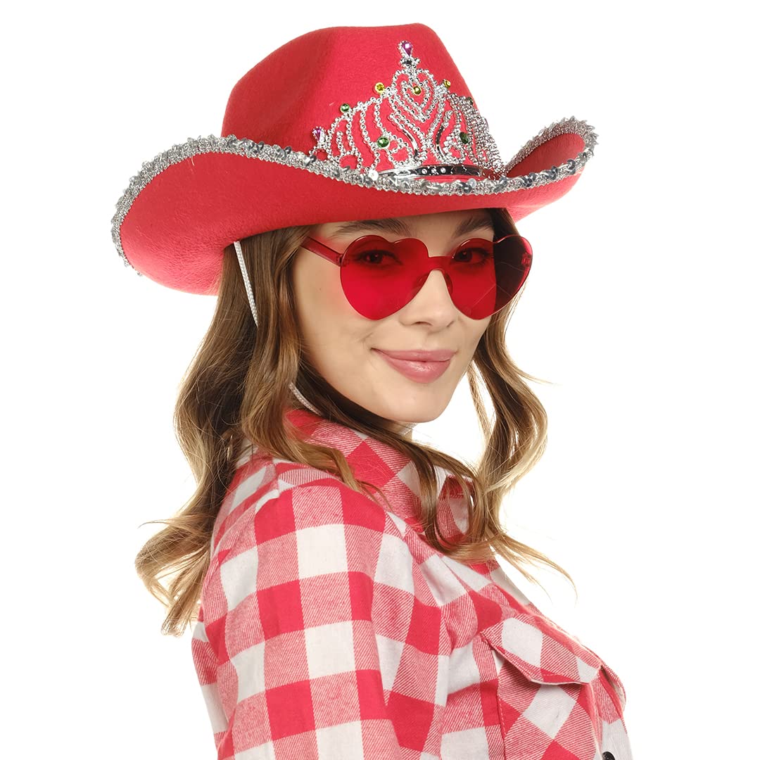 Funcredible Red Cowboy Hat and Glasses - Preppy Cowgirl Hat with Tiara - Sparkly Cowboy Hat - Cowgirl Outfit Accessories for Women and Girls