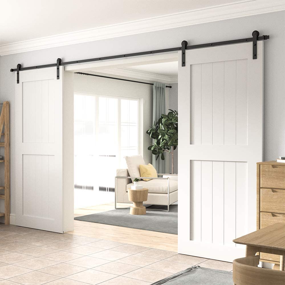 WINSOON Sliding Barn Door Hardware Double Door 12ft Track Kit with Black Sliding Barn Door Floor Guide Wall Mounted Hardware for Flush Bottom Adjustable Stay Rollers, Set of 2,8 Setup Options