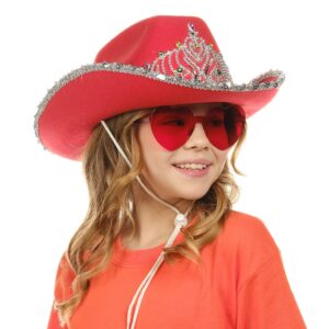 Funcredible Red Cowboy Hat and Glasses - Preppy Cowgirl Hat with Tiara - Sparkly Cowboy Hat - Cowgirl Outfit Accessories for Women and Girls