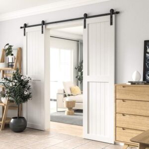 WINSOON Sliding Barn Door Hardware Double Door 10ft Track Kit with Black Sliding Barn Door Floor Guide Wall Mounted Hardware for Flush Bottom Adjustable Stay Rollers, Set of 2,8 Setup Options