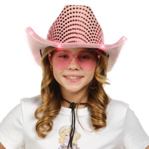 Funcredible Pink Light Up Cowboy Hat and Glasses - Sparkly Disco Cowgirl Hat - Sequin Cowboy Hat for Women - Cowgirl Costumes for Girls