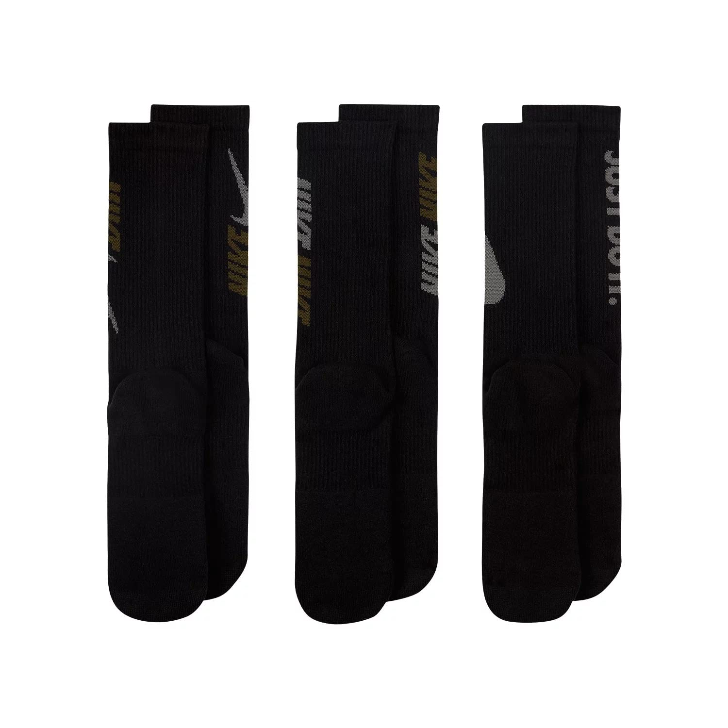 Nike Men`s Everyday Plus Graphic Cushioned Crew Socks 3 Pack (Large, Black(DD1526-010)/G_G)