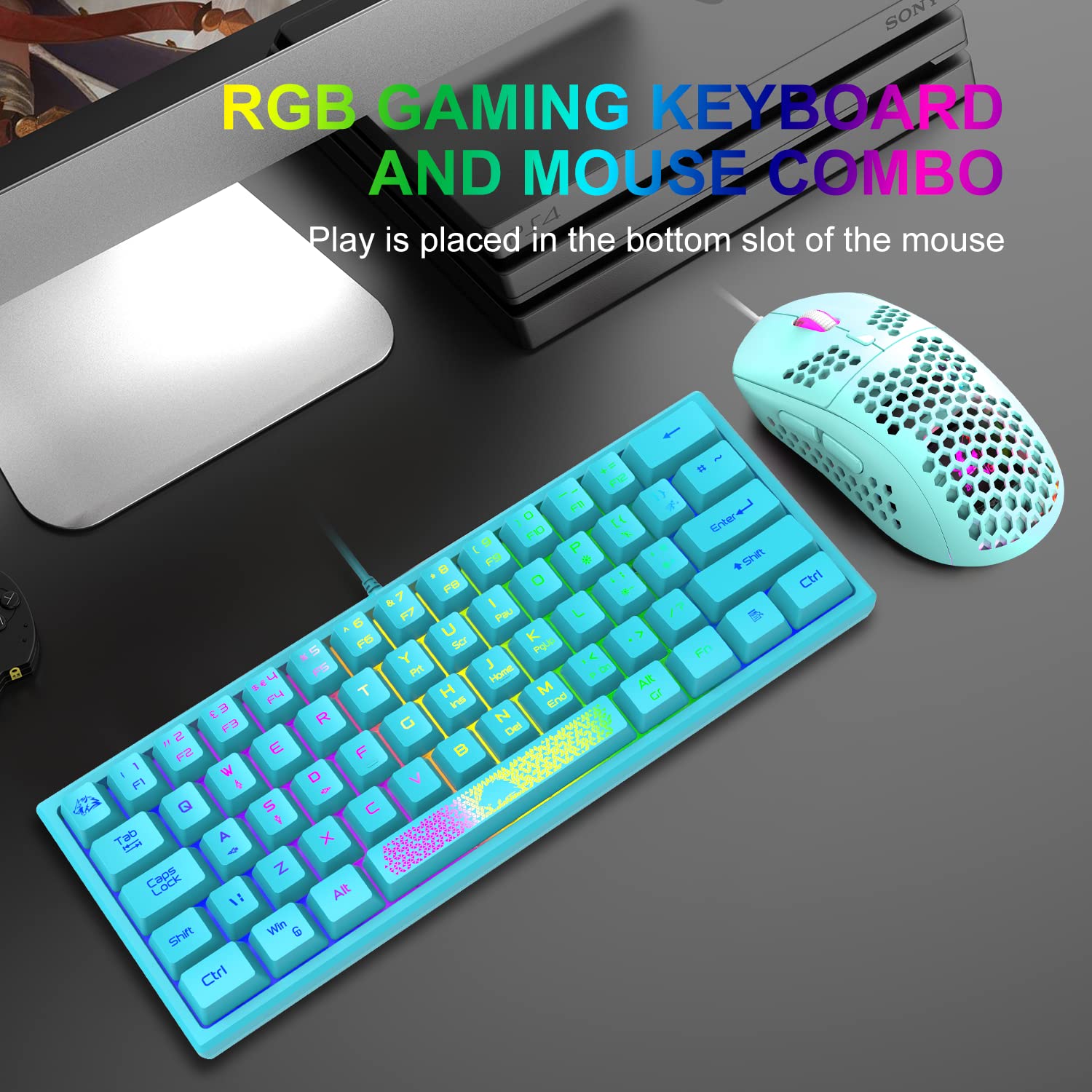 60% Wired Gaming Keyboard and Mouse Combo,Compact RGB Backlit Mini Mechanical Feel Keyboard,Converter Adapter,RGB 6400 DPI Lightweight Gaming Honeycomb Shell Mouse for Xbox,PC,Laptop,MAC