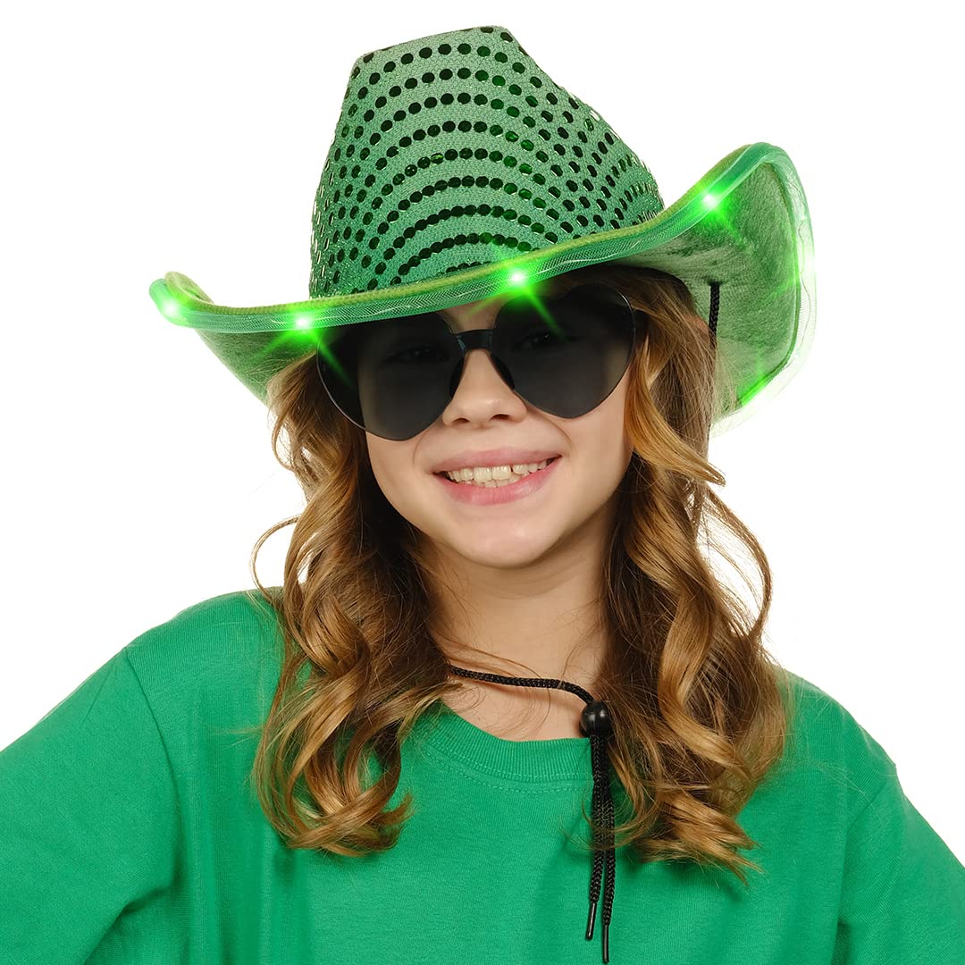 Funcredible Green Light Up Cowboy Hat and Glasses - Sparkly Disco Cowgirl Hat - Sequin Cowboy Hat for Women - Cowgirl Costumes for Girls