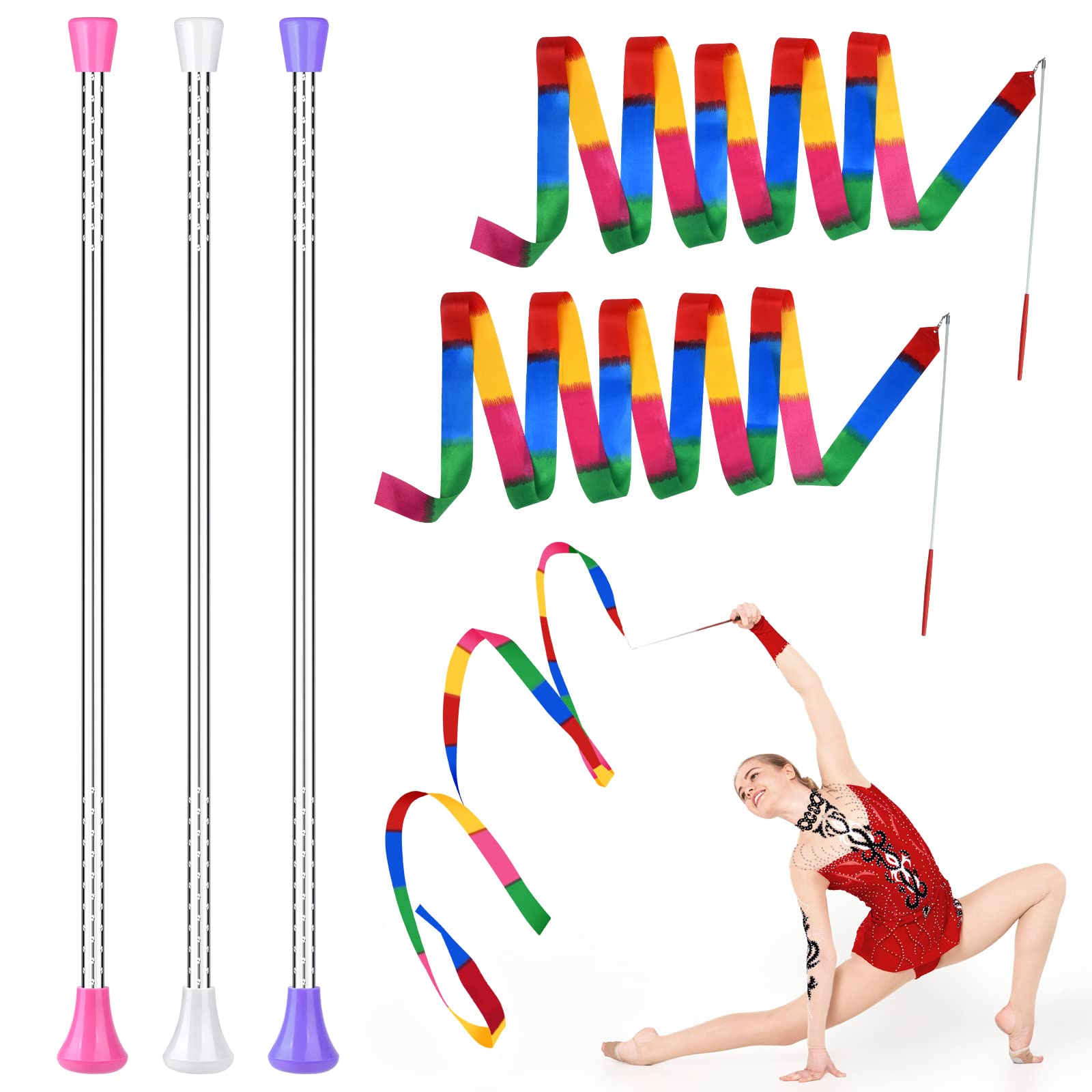 ELECLAND 3Pcs Twirling Batons and 2Pcs Dance Ribbon Wands, 21Inch Kids' Gymnastics Twirling Baton Dance Baton for Artistic Dance, Baton Twirling