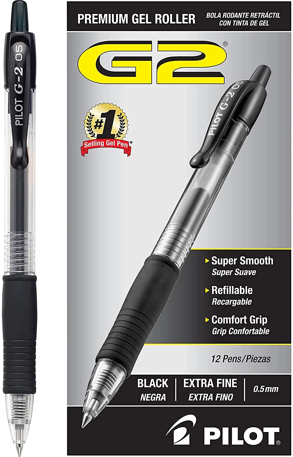 PILOT G2 Premium Refillable & Retractable Rolling Ball Gel Pens, Extra Fine Point, Black Ink, 6 pack