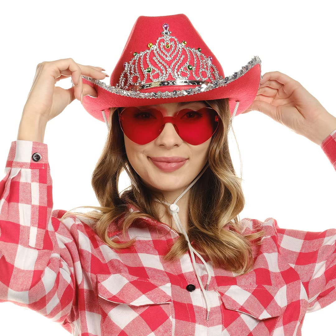 Funcredible Red Cowboy Hat and Glasses - Preppy Cowgirl Hat with Tiara - Sparkly Cowboy Hat - Cowgirl Outfit Accessories for Women and Girls