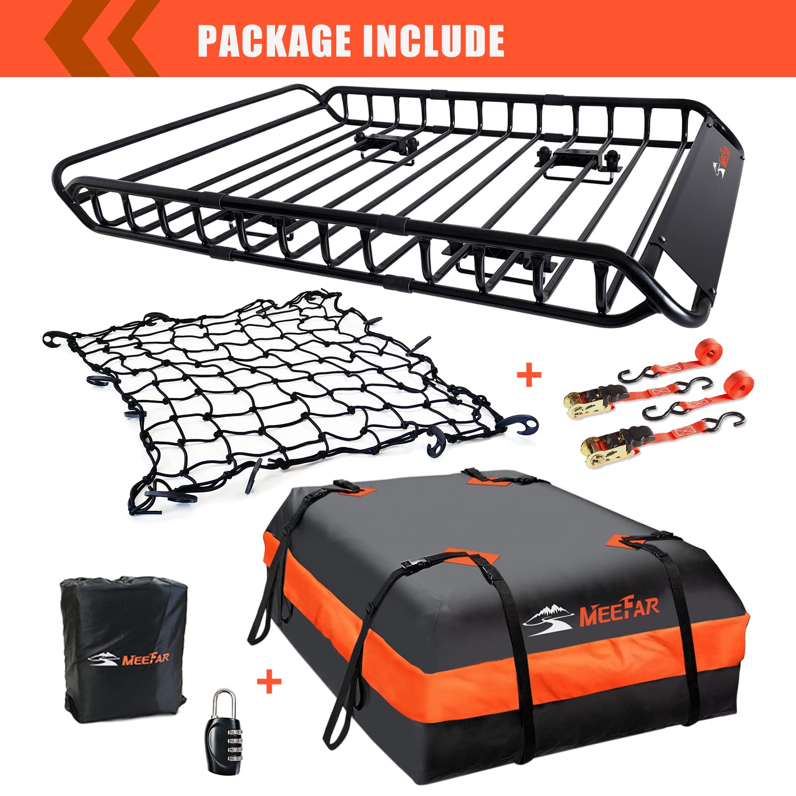 MeeFar Roof Rack Carrier Basket Universal Rooftop 51" X 36" X 5" + Waterproof Bag 15 Cubic Feet (44" 34" 17"), and Cargo Net with Attachment Hooks, Ratchet Straps