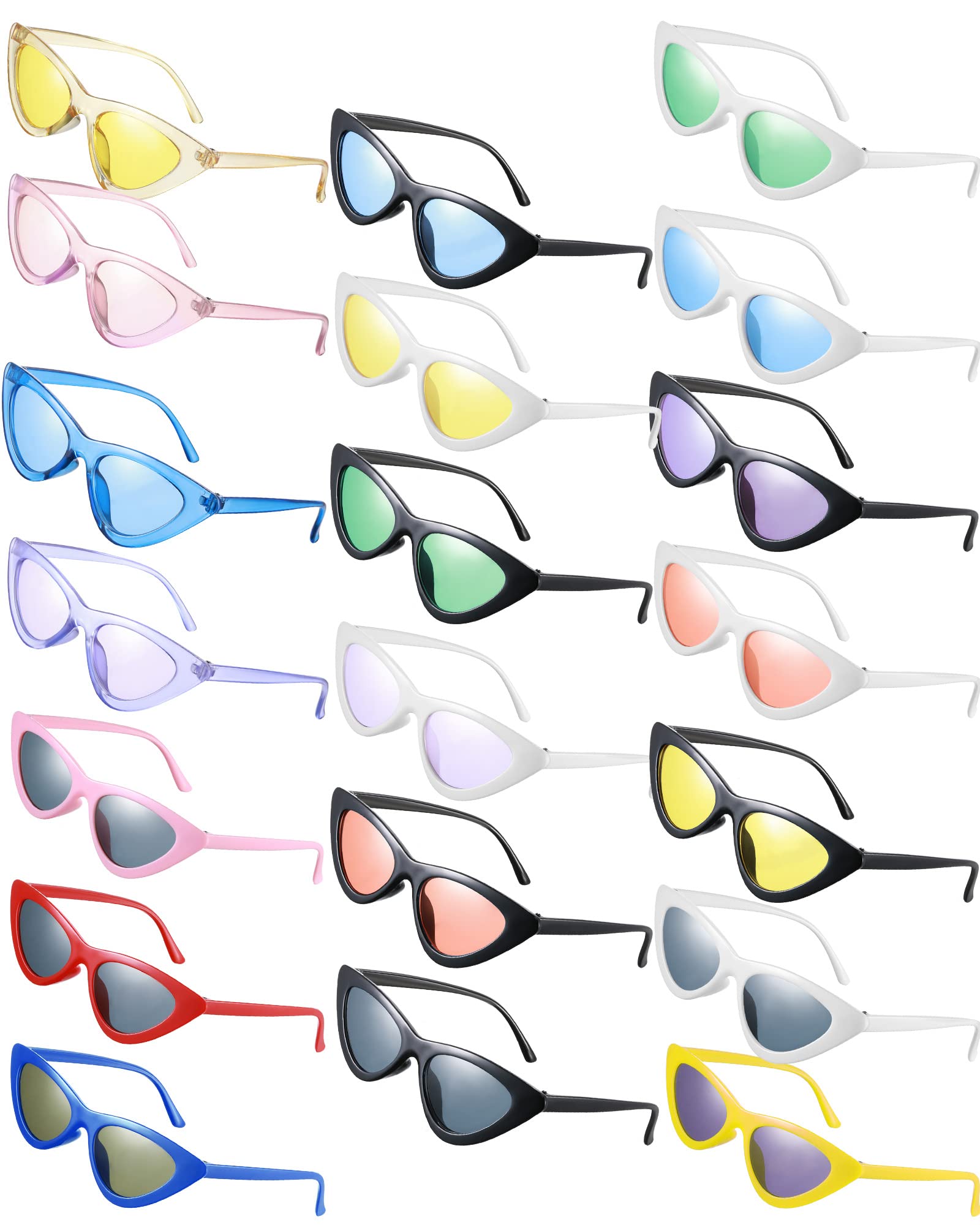 20 Pack Retro Vintage Narrow Cat Eye Sunglasses for Women Colorful Party Sunglasses Cat Eye Neon Sunglasses Plastic Frame Skinny Sunglasses Unisex Triangle Glasses Women's Sunglasses Party Favors