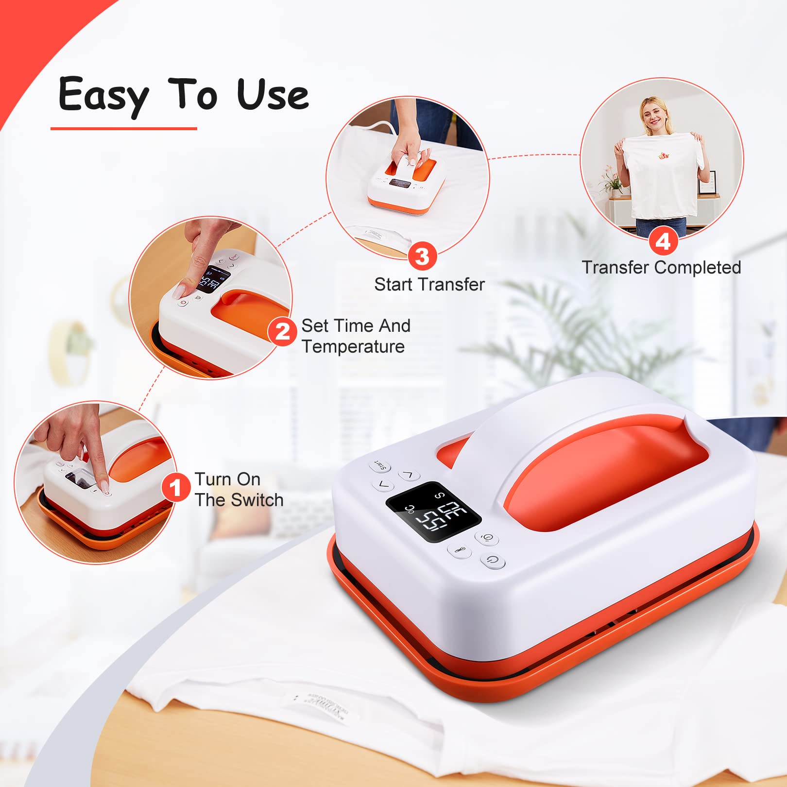 Legooin Heat Press Machine for T-Shirts, 7" × 4.8" Portable Fast Heat-up Easy Press with Precise Temperature Control, Features Insulated Safety Base and Auto-Shut Off, Orange