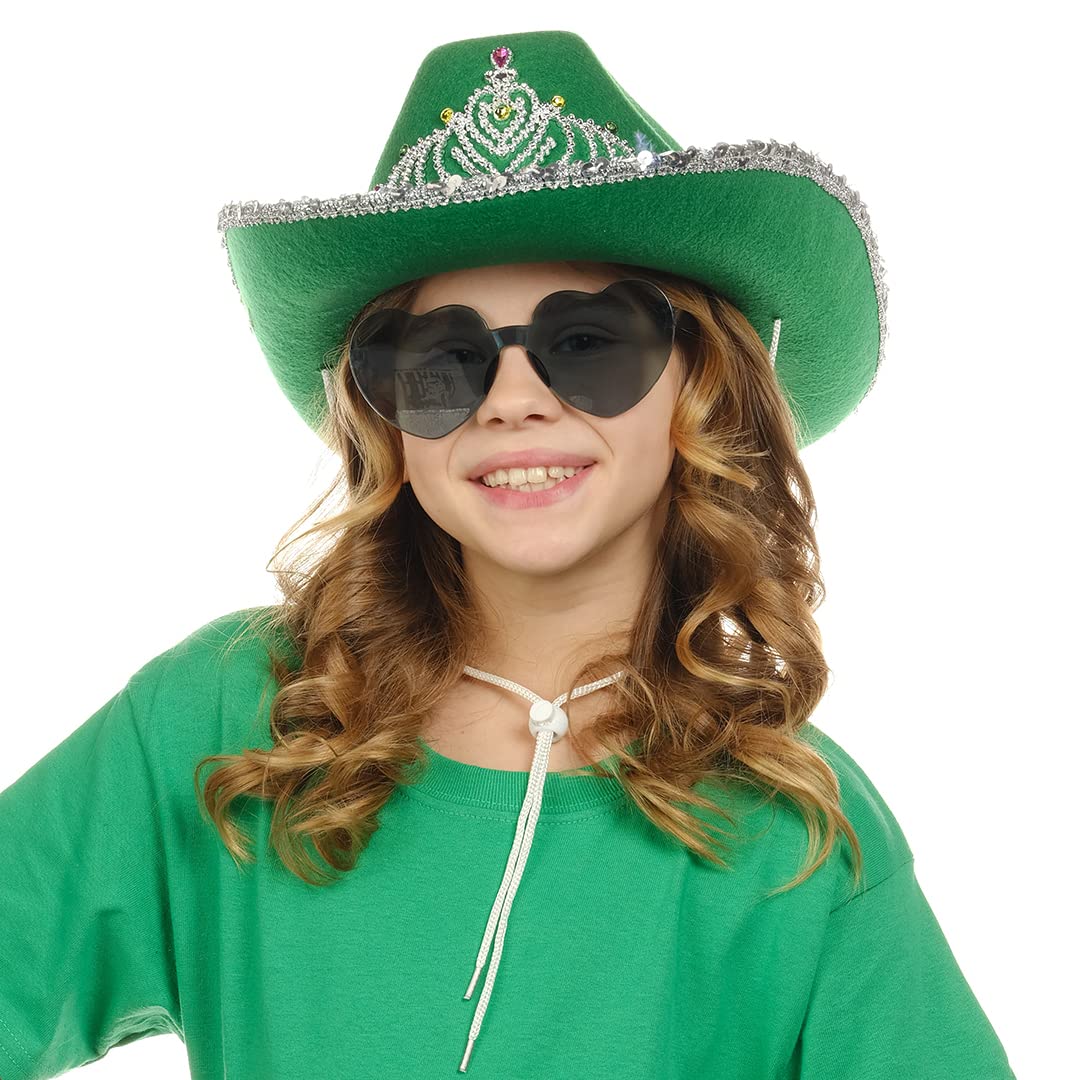 Funcredible Green Cowboy Hat and Glasses - Preppy Cowgirl Hat with Tiara - Sparkly Cowboy Hat - Cowgirl Outfit Accessories for Women and Girls