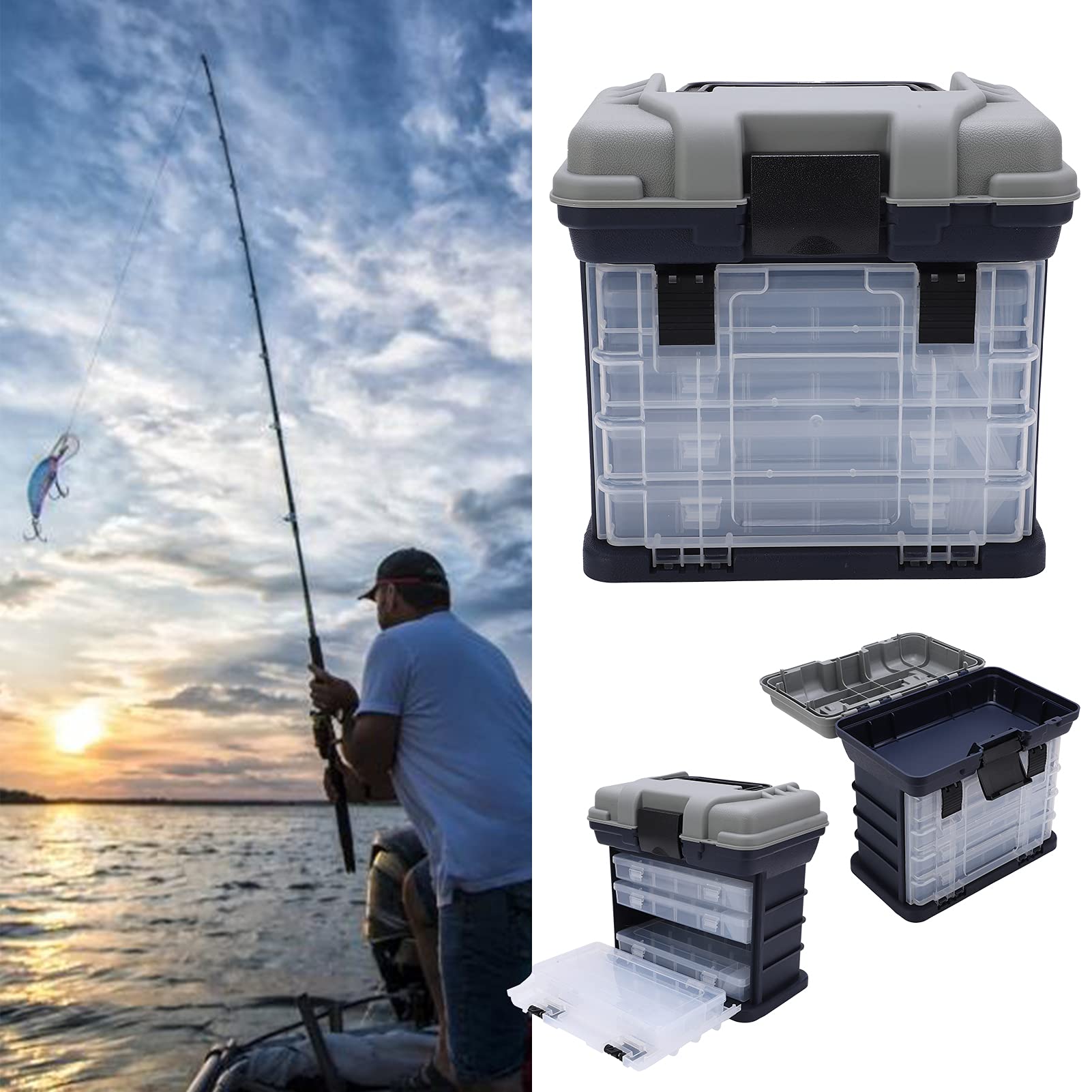 4 Layers Big Fishing Tackle Box, Portable 4 Layers Fishing Case with Handle Firm Adjust Layered for Sea Fishing for Boat Fishing