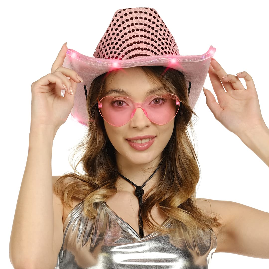 Funcredible Pink Light Up Cowboy Hat and Glasses - Sparkly Disco Cowgirl Hat - Sequin Cowboy Hat for Women - Cowgirl Costumes for Girls