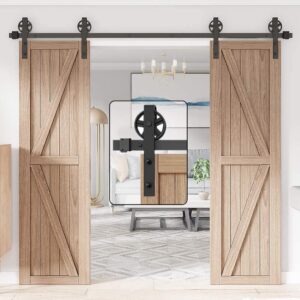 WINSOON 10FT Wood Double Sliding Barn Door Hardware Basic Black Big Spoke Wheel Roller Kit with 2PCS 12 Inch Sliding Barn Door Handles Black Hardware with Pull and Flush Barn Door Handle Set