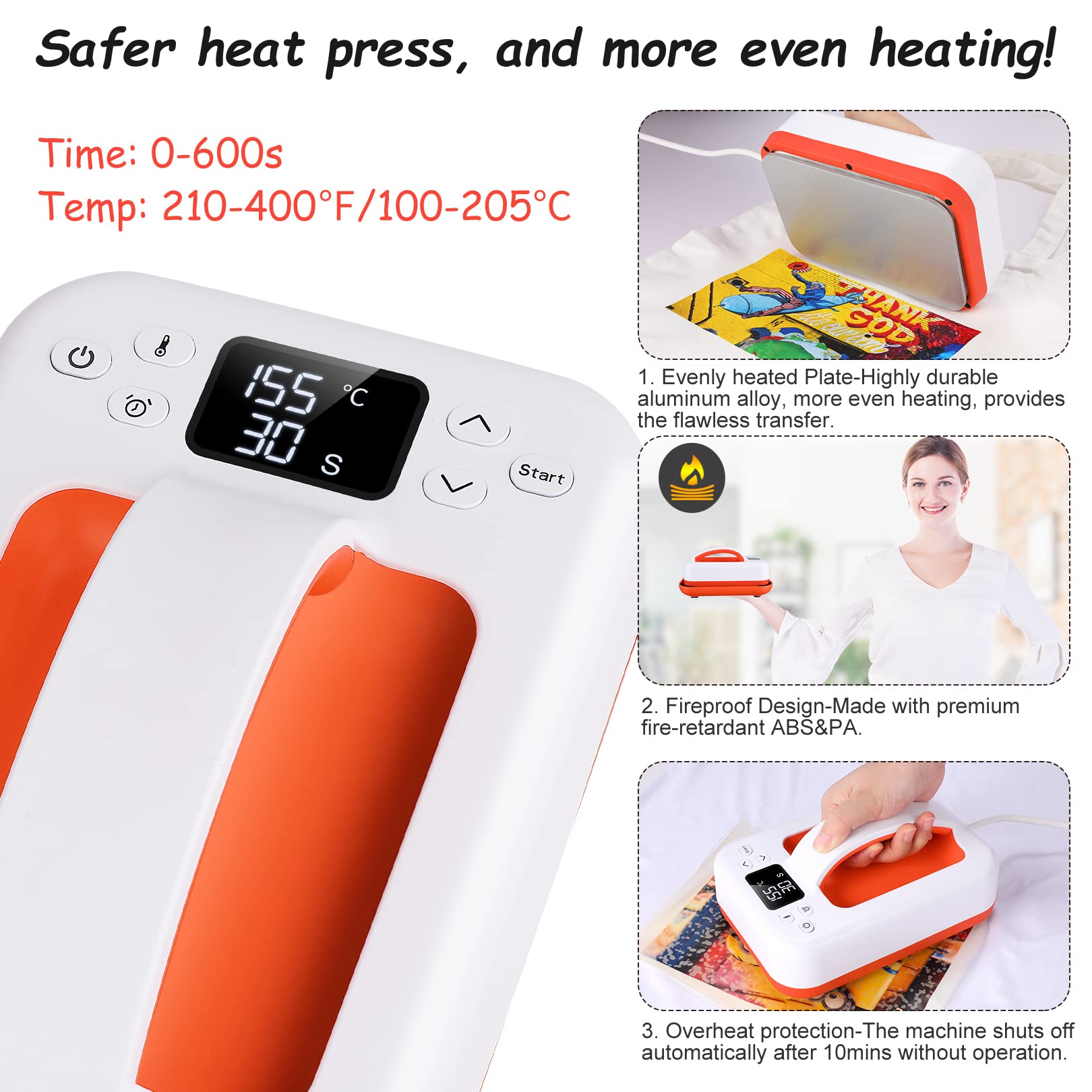 Legooin Heat Press Machine for T-Shirts, 7" × 4.8" Portable Fast Heat-up Easy Press with Precise Temperature Control, Features Insulated Safety Base and Auto-Shut Off, Orange