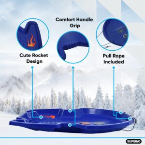 Superio Downhill Snow Saucer Sled 37" Snow Slider for 4 Riders, Huge Round Plastic Sled with Pull Ropes for Kids and Adults, Blue Disc Sled