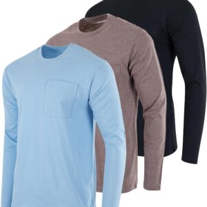 3 Pack Men's Cotton Quick Dry Dri Fit Shirt Long Sleeve Crew Pocket T-Shirt Tee Gym Casual Work Workout Undershirt Clothes Fashion Shirts Athletic Active Soft Sleep Cool Lounge Performance- Set 1, S