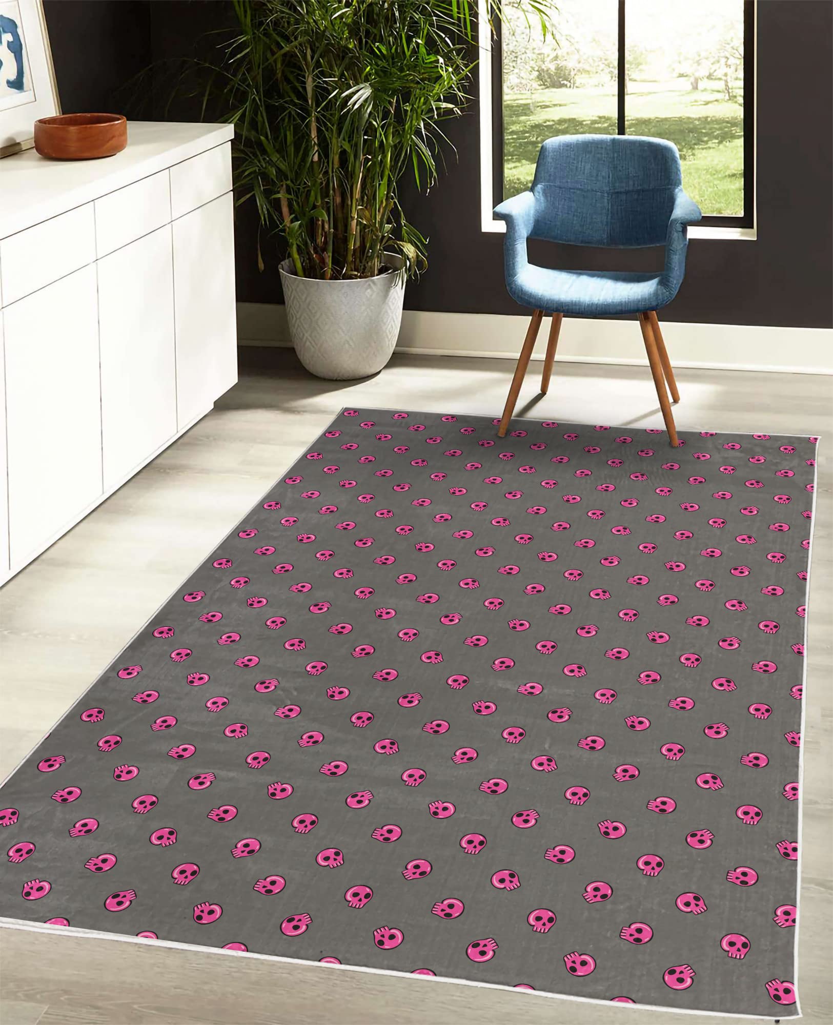 Ambesonne Skull Decorative Area Rug, Hand Drawn Style Pink Emo Skulls Teenager Lifestyle Youth Culture, Quality Carpet for Bedroom Dorm Living Room, 5' 1" X 7' 5", Dark Taupe Hot Pink