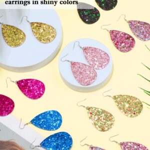 Hicarer 20 Pairs Glitter Teardrop Earrings Bulk Leather Lightweight Leaf Dangle Earring Fashion Jewelry for Women(Bling Color)