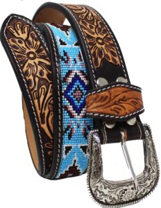 39-40 unisex 1.5" western floral tooled beaded full-grain leather belt 26rt24b