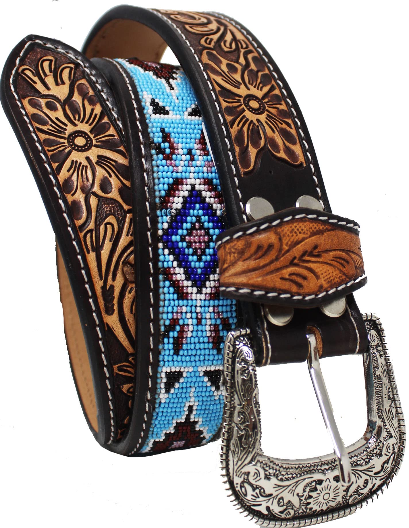 39-40 Unisex 1.5" Western Floral Tooled Beaded Full-Grain Leather Belt 26RT24B